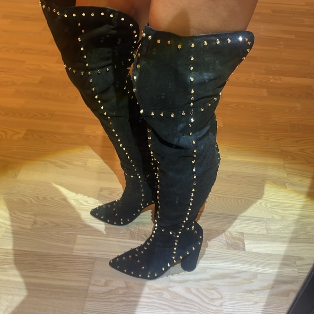 Black suede like thigh high boots with gold studs